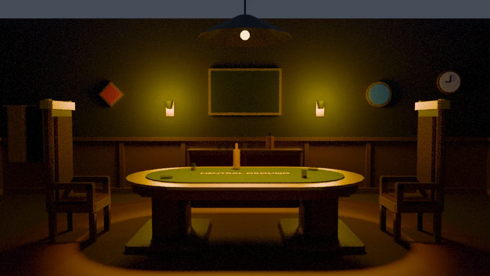 A render of the lobby room: an oval card table reading 'Neutral Ground' under a single hanging lamp, a high-backed chair at each end.